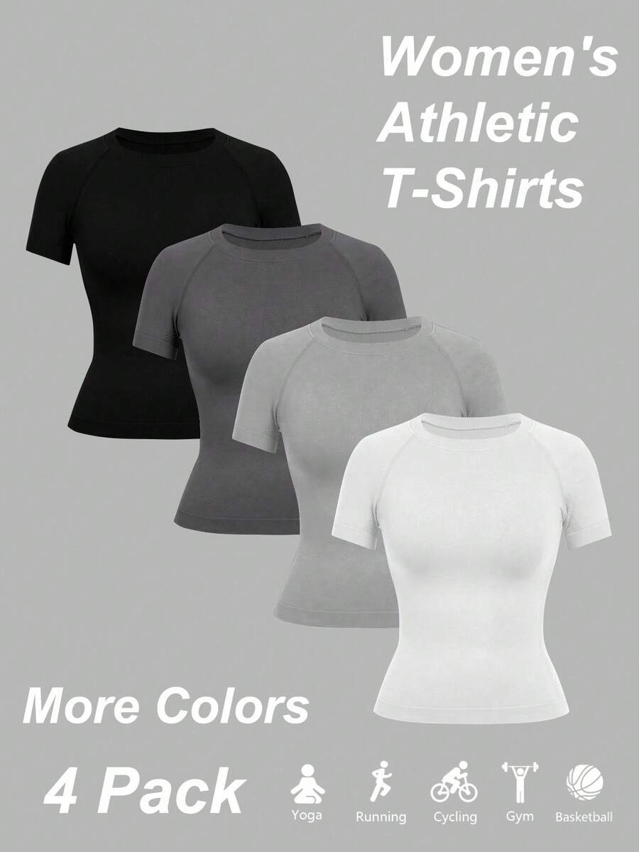 SHEIN Sports 4 件 Sport Studio 夏季休闲纯色无缝短袖运动 T 恤 - 彩色 - 查看 1