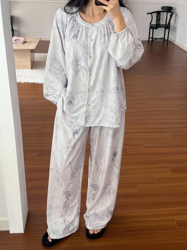 Tie-Dye Print Pleated Design Loose Women Pajama Set, Fall Clothes