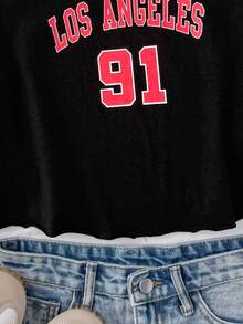 SHEIN 少女休闲皇家黑色针织标语露肩印花短款短袖修身上衣，春夏季，清凉，基本款，日常，百搭，运动时尚夏季上衣，开学季，校服~ - 黑色 - 查看 3