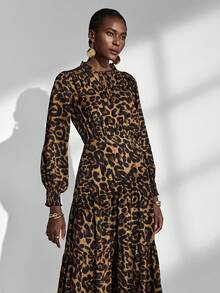 Almamuse Women's Leopard Print Loose V-Neck Tie-Up Long Sleeve Dress Fall Cloth For Women - Multicolor - View 6