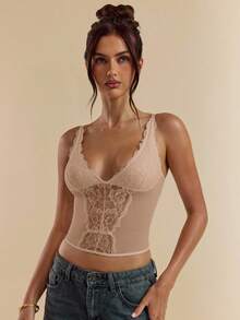 SHEIN BAE 女士黑色性感蕾丝多功能时尚单品束身胸衣背心，适合外出、约会、主题派对、音乐会、新年夜、圣诞派对等场合。 - 卡其色 - 查看 4