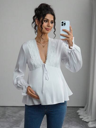 SHEIN Casual Solid Color Long Sleeve Drawstring Loose Nursing Tops