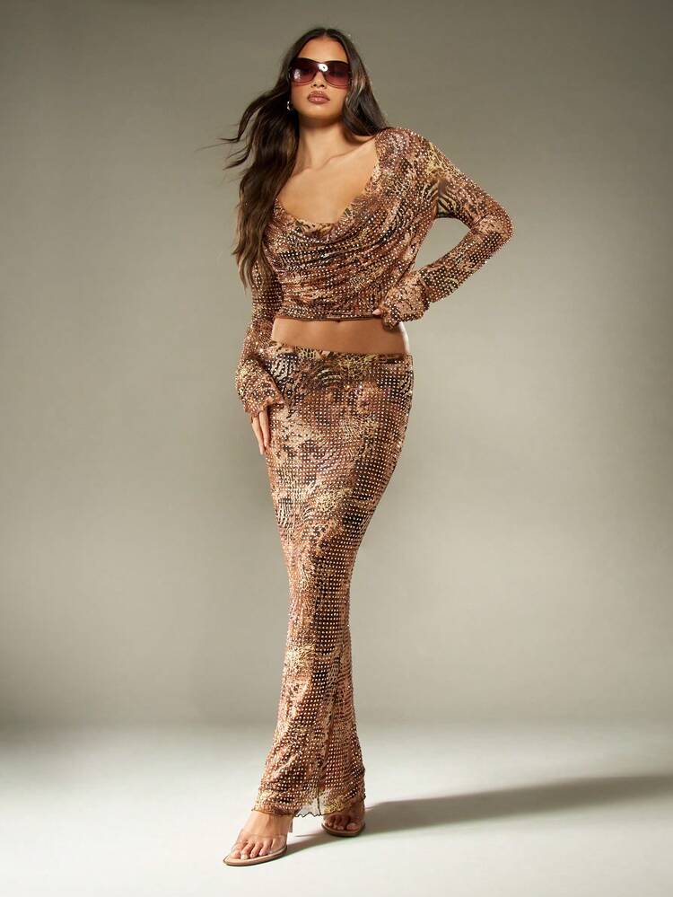 MISSGUIDED Women Stunning Sparkle Sequin Two Pieces Co-Ord Set Cowl Neck Long Sleeve Crop Top And Maxi Skirt Evening Party Outfit Occasion Wear