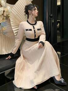 DAZY Women's Elegant Colorblock Round Neck Sweater Dress, Autumn