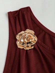 Sweetra Women's Summer Bronze Metallic Floral Camisole & Pleated Layered Mini Skirt Set - Burgundy - View 6