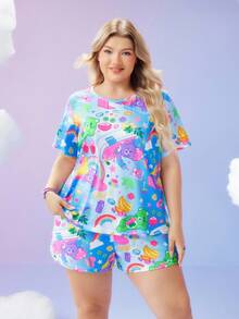 Slumberry CURVE SweetSlumber X Carebears Plus Size Women Cartoon Pattern Round Neck Short Sleeve Top And Shorts PJS Cute PJS Kawaii Pajamas Care Bear Pajamas PJS Summer Cartoon Pajamas - Multicolor - View 6
