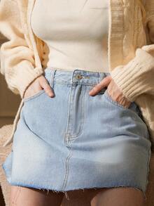 Écloséra Váy denim nữ Túi Hem thô Dây kéo màu trơn - Màu xanh lam - Xem 1