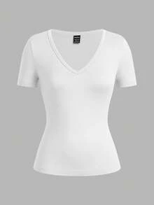 SHEIN EZwear 3 件女式深 V 领紧身休闲短袖基本款分层长袖 T 恤套装，黑色、白色、深灰色，适合春夏季 - 彩色 - 查看 10