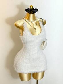 Mistrie Vestido sexy con cuello en U, espalda descubierta y detalle de lazo, de felpa larga para mujer - Perfecto para citas, fiestas, festivales de música y vida nocturna