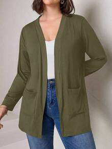 Chikora Áo khoác cardigan dáng rộng màu đen có túi cỡ lớn, dành cho nữ công sở - Màu xanh Bạc hà - Xem 1