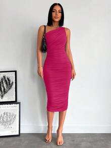 EURMUSE 1pc Women's Minimalist Solid Color Pleated Asymmetric Neck Midi Dress - Hot Pink - View 4