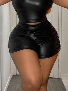 SHEIN CURVE+ 大码女式高腰纯色 PU 皮革褶皱紧身休闲短裤/秋冬 - 黑色 - 查看 6