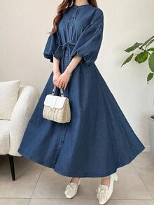 Teen Girls Y2K Elegant Casual Denim Long Dress With Button Design And Lantern Sleeves,Fall Dress, Solid Color Elegant & Simple & Versatile Shorts, Fall Autumn Winter Clothes Outfits,Girls Back To School Streetwear Outfits,Comfortable And Versatile,Suitable For School, Home And Travel