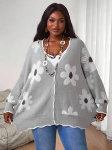 SHEIN CURVE+ Plus Size Women's 3D Floral Sweater Knitted Cardigan, Autumn Set, Autumn Top, Winter Knitted Cardigan/Autumn /Winter - Grey - View 6