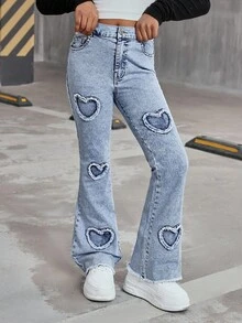 Jeans pitillo para niñas preadolescentes con bordado de corazón desgastado, pantalones vaqueros de denim azul claro lavado casual