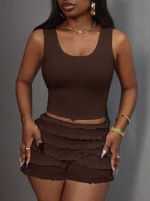 Slaydiva Y2K Cute & Sweet Casual Basic U-Neck Sleeveless Tank Top & Multi-Layer Ruffle Hem Shorts 2-Piece Set - Pink - Brown - View 6