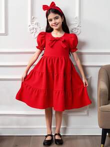 SHEIN Tween 女孩休閒寬鬆泡泡短袖紅色領結連身裙 - 紅色 - 查看 8