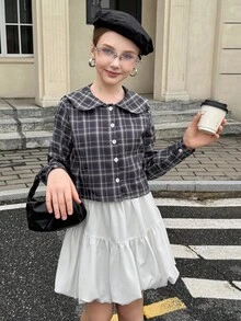 青少年女孩格子长袖单排扣彼得潘领可爱衬衫 - 彩色 - 查看 4