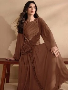 Graceveil Women's Extra Long Spring/Summer Mesh Knit Ruffle Hem Split Modest Elegant Charming Fashion Dress - Coffee Brown - View 5