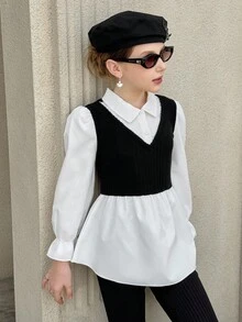 Streelcool Girls Blouse,Black And White Elegant Faux Fur Knit Ribbed Patchwork Shirt,High Waist Ruffle Hem,Puff Lantern Sleeves,School,Back-To-School - Black and White - View 6