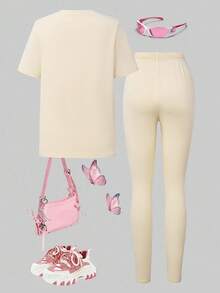 Sparklyn 青少年休闲百搭通勤日常运动蝴蝶图案黑色圆领短袖T恤+打底裤套装 - 杏色 - 查看 2