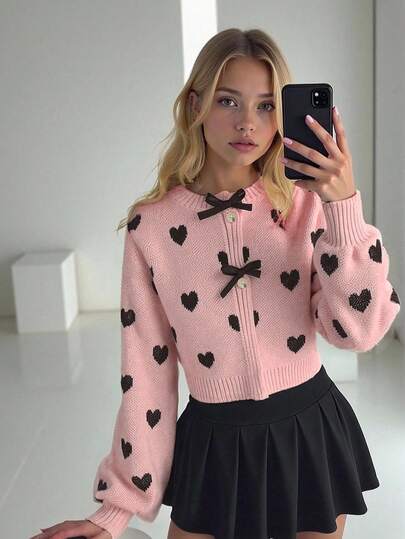 Sparklyn Suéter de manga larga con patrón de corazón hecho a mano para niñas