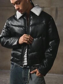 AXEPEAK Men's Casual Contrast Color Fleece Collar Zip-Up Long Sleeve Winter Coat - Black - View 6