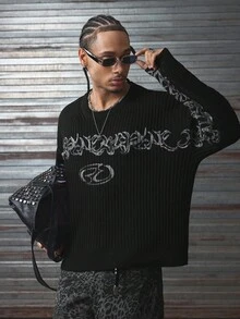 AXEPEAK Men's Casual Loose Fit Letter Pattern Round Neck Drop Shoulder Long Sleeve Sweater, Autumn/Winter - Black - View 5