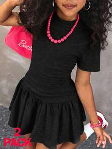 Coolane Kids 女童夏季可爱休闲灰色裙子套装：短袖短款上衣和褶皱迷你裙，夏季 - 黑色 - 查看 3