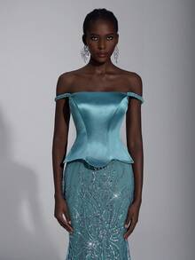 Elitara Elegant Luxurious Off Shoulder Linen Rope Sleeve Elastic Satin Patchwork Beaded Sequin Floral Mermaid Dress, Suitable For Wedding, Party, Vacation, Prom, Evening Gown (Heavy Embellished) - Blue - View 2