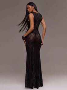 MUSERA Đầm maxi ren ôm sát cổ chữ V, phong cách cá tính cho mùa thu, trang phục gợi cảm cho phụ nữ dự tiệc, dạ hội, mùa xuân hè, kỳ nghỉ. - màu đen - Xem 4