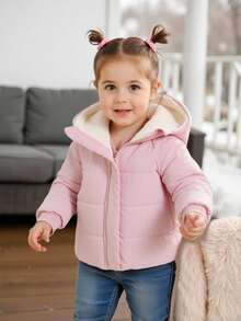 SHEIN Playful Pals Baby Girl Infant Toddler 0-3 Years Old Warm Thermal Lined Hooded Jacket, Suitable For Winter, School, Outings, Birthday Parties, Versatile Design Fall