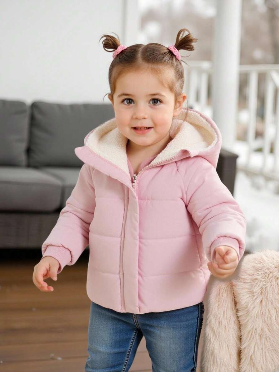 SHEIN Playful Pals Baby Girl Infant Toddler 0-3 Years Old Warm Thermal Lined Hooded Jacket, Suitable For Winter, School, Outings, Birthday Parties, Versatile Design Fall