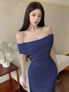 Modelyn Váy cưới/tiệc tùng trễ vai nhún eo thanh lịch cho nữ - Xanh đậm - Xem 5