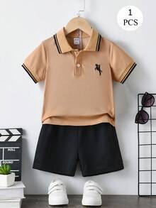 SHEIN 男童夏季休闲拼色骑士刺绣短袖T恤和短裤套装 - 咖啡棕 - 查看 1