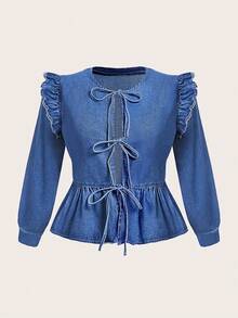 SHEIN MOD Plus Size Women Casual Tie Front Blouse - Medium Wash - View 1