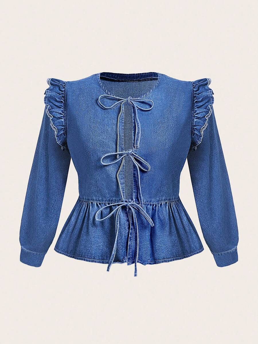 SHEIN MOD Plus Size Women Casual Tie Front Blouse - Medium Wash - View 1