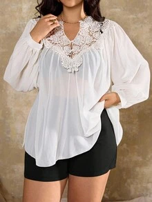 Roveilla 大码女式法式蕾丝花边雪纺衬衫 - 杏色 - 查看 4