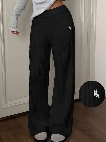 SHEIN EZwear Pantalones casuales de punto rectos y holgados con cintura elástica y estampado de caballero para mujer
