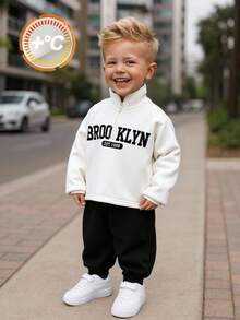 2pcs Baby Boy Black And White Tracksuit,Half-Zip Thermal Hoodie & Sweatpants Set,Back-To-School,Autumn,Casual,City Break,Cute Winter Fall Outfit - Black and White - View 1