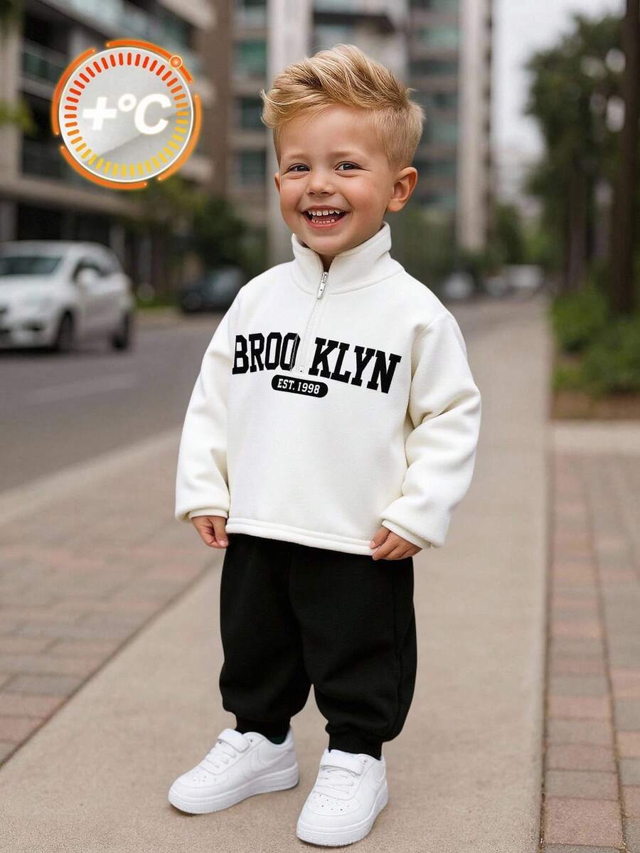 2pcs Baby Boy Black And White Tracksuit,Half-Zip Thermal Hoodie & Sweatpants Set,Back-To-School,Autumn,Casual,City Break,Cute Winter Fall Outfit - Black and White - View 1