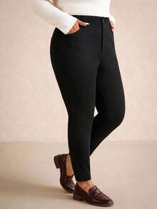 Elaquor Calça Skinny Preta Casual do Dia a Dia para Mulheres Plus Size - Damasco - Visão 6
