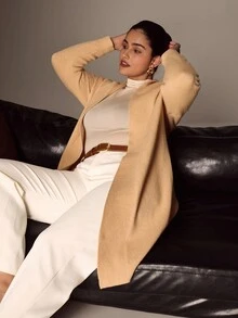 Juhart Áo khoác cardigan tay dài dáng rộng màu trơn thường ngày cỡ lớn dành cho nữ - Màu be - Xem 4