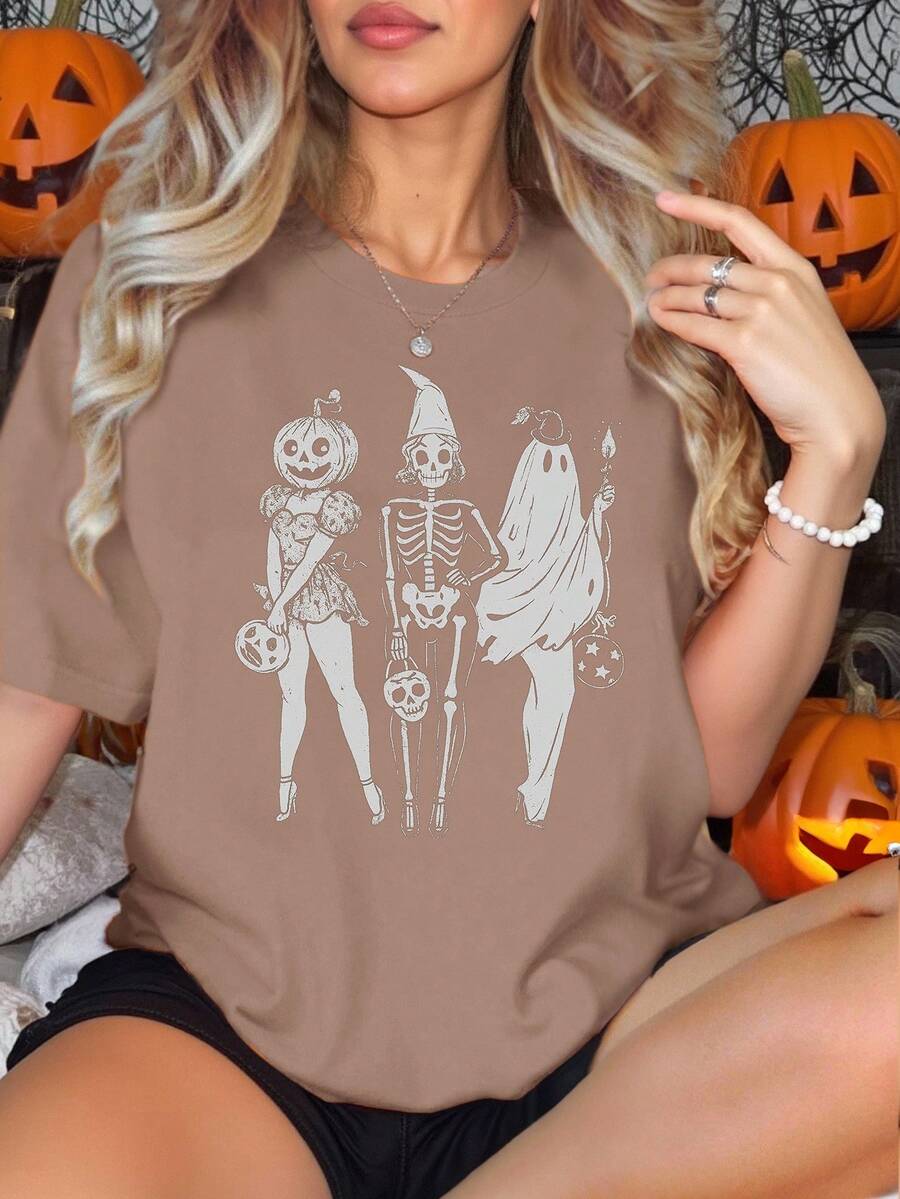 EMERY ROSE 女式万圣节南瓜骷髅印花圆领休闲宽松T恤 - 卡其色 - 查看 1