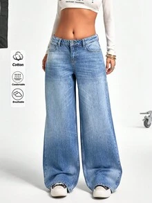 EURMUSE Quần jeans ống rộng cạp thấp màu xanh thời trang, rộng rãi, thường ngày, giặt nhiều dành cho nữ - Rửa trung bình - Xem 6