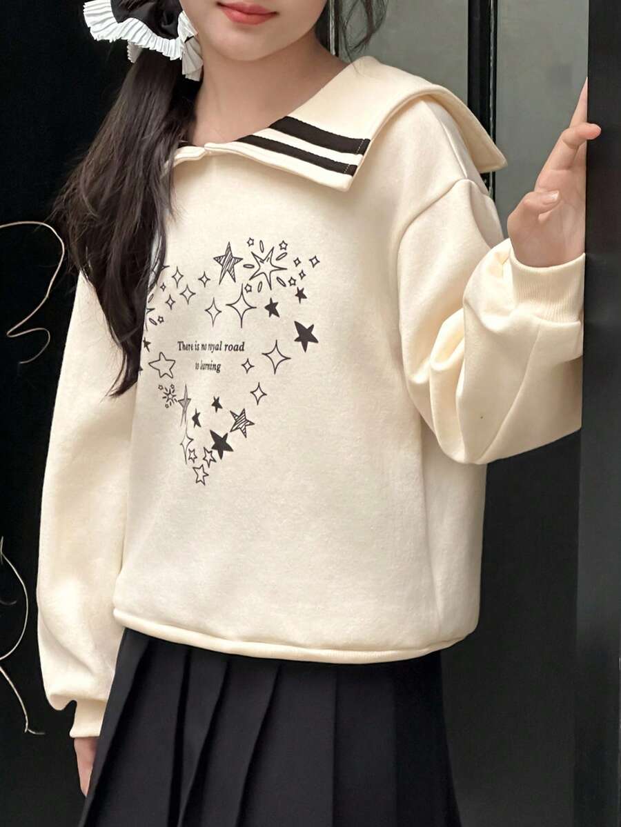 女童海军蓝领针织保暖长袖休闲运动衫，心形印花，学院风，秋季 - 米色 - 查看 1