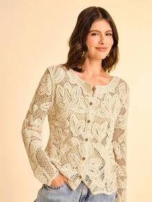 CAJUNI 女式杏色花卉针织开衫，配棕色椰子纽扣，长喇叭袖半透明毛衣 - 杏色 - 查看 4