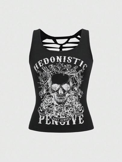 J-Fashion Canotta donna stile Y2K retrò, con stampa scheletro e dettagli all'uncinetto, sexy schiena scoperta