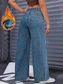 SHEIN 秋冬休闲水洗高腰阔腿牛仔裤 - 藍色 - 查看 2