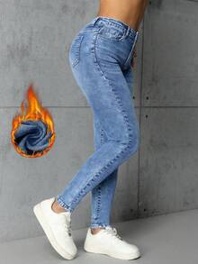SHEIN ICON Women's Slim Fit Casual Thermal Lined Blue Denim Jeans - Light Wash - View 5